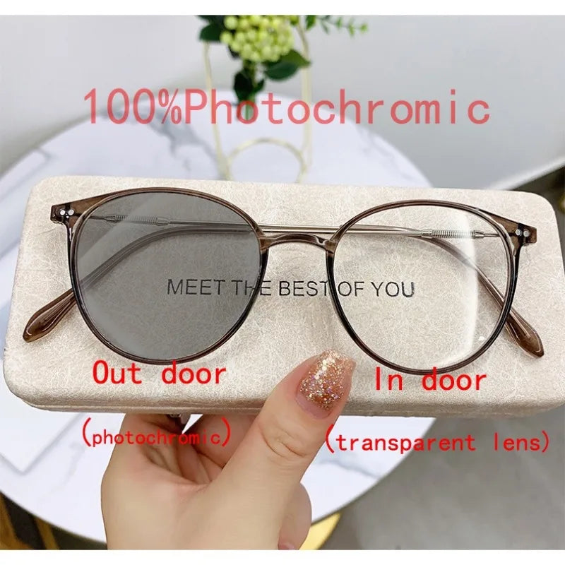 Photochromic Anti Radiation Eyeglasses For Women Transition Metal Frame Shades UV400  Eyewear Replaceable Lens