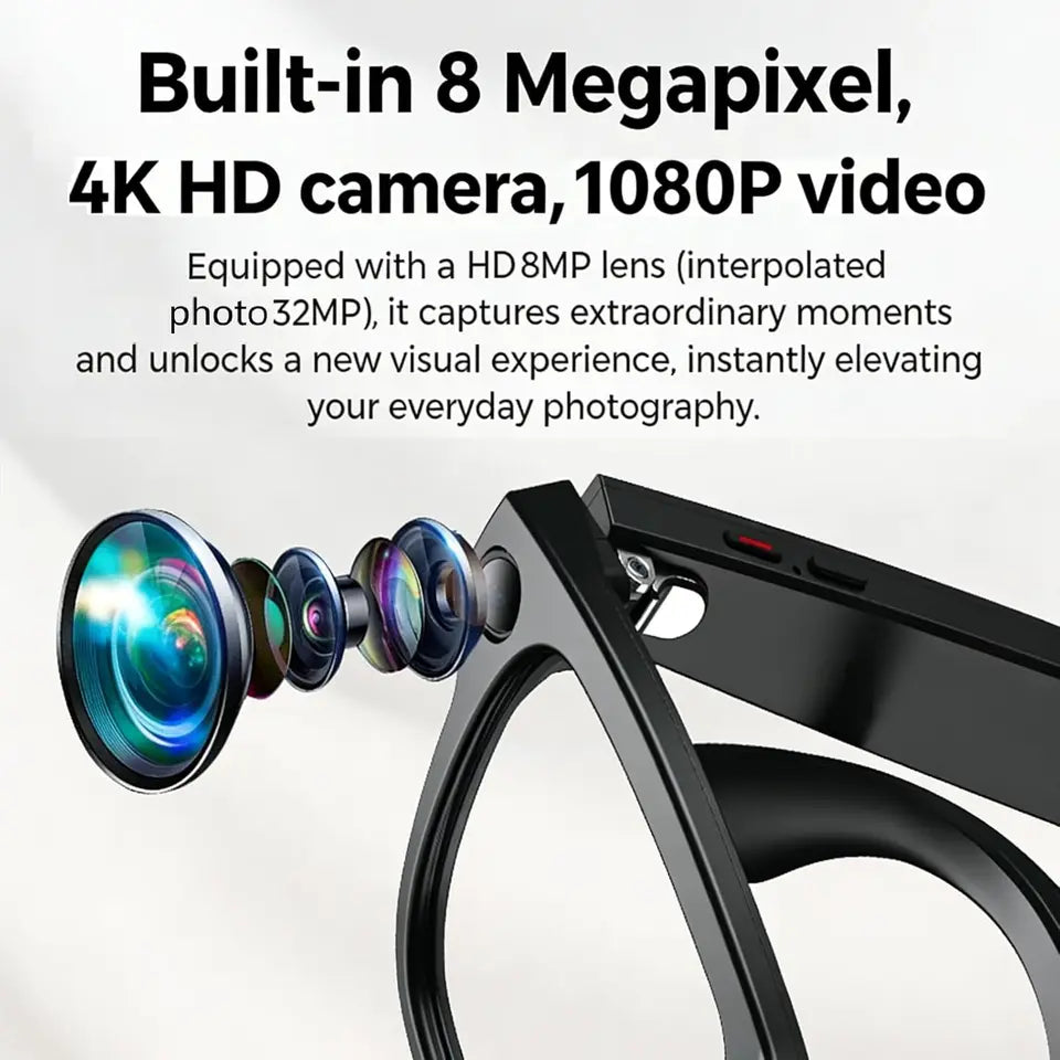Smart AI Glasses with 1080P HD Camera, Bluetooth, Voice Assistant & Translation, TR90 Frame for Travel & Vlogging