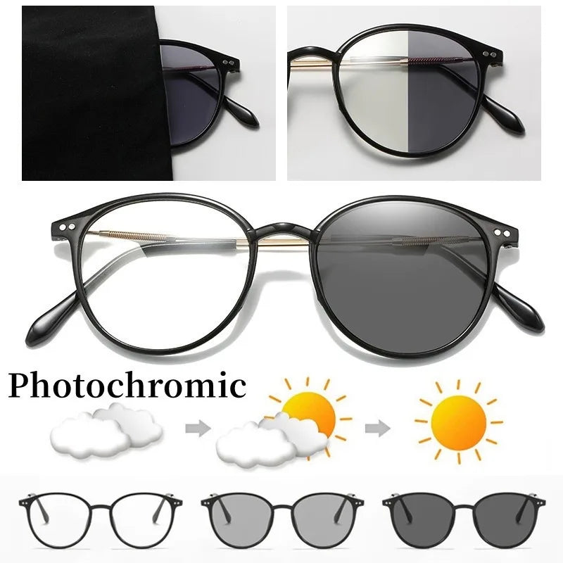 Photochromic Anti Radiation Eyeglasses For Women Transition Metal Frame Shades UV400  Eyewear Replaceable Lens