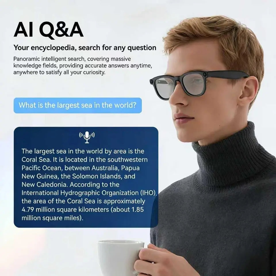 Smart AI Glasses with 1080P HD Camera, Bluetooth, Voice Assistant & Translation, TR90 Frame for Travel & Vlogging